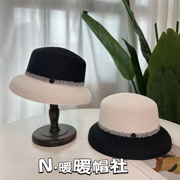 夏天防晒出游遮阳帽子女拼接圆顶海边度假渔夫帽休闲赫本风草帽潮