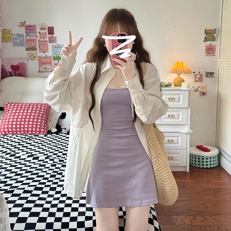 紫色方领吊带连衣裙子女夏季2025新款小个子法式气质收腰包臀短裙