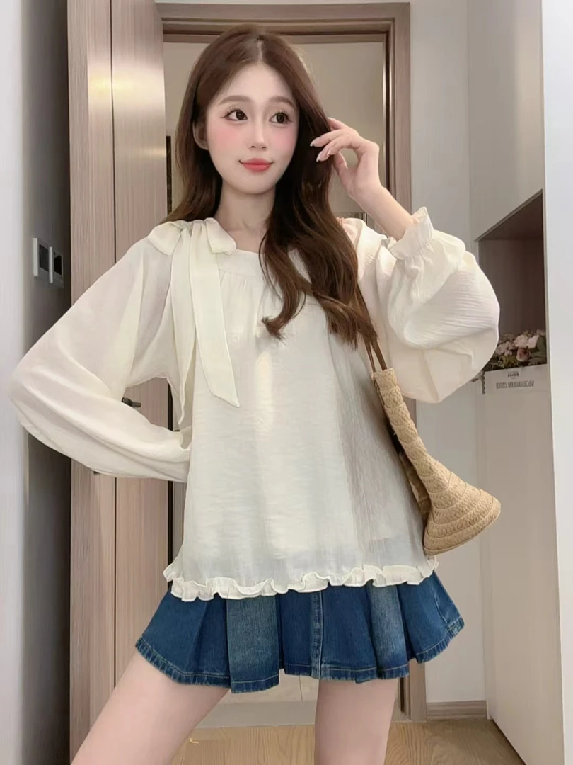 2025长袖秋甜美系带蝴蝶结下摆木耳边韩系减龄小衫上衣