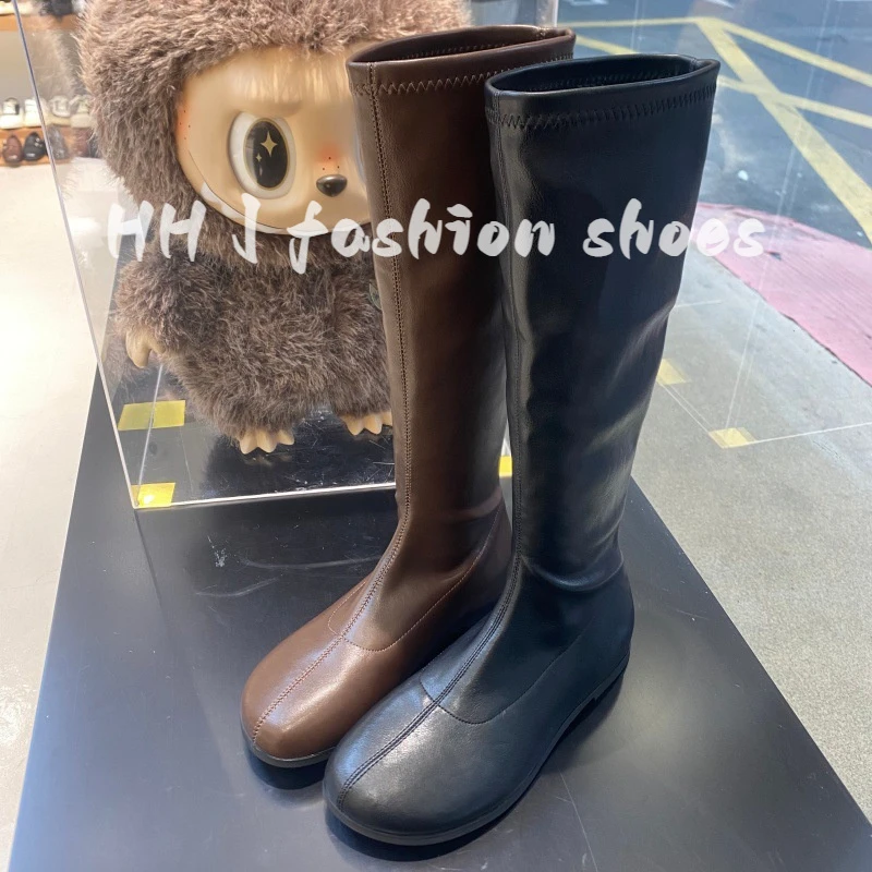 长靴女不过膝2025秋季款长筒骑士靴棕色小个子加绒弹力英伦时装靴