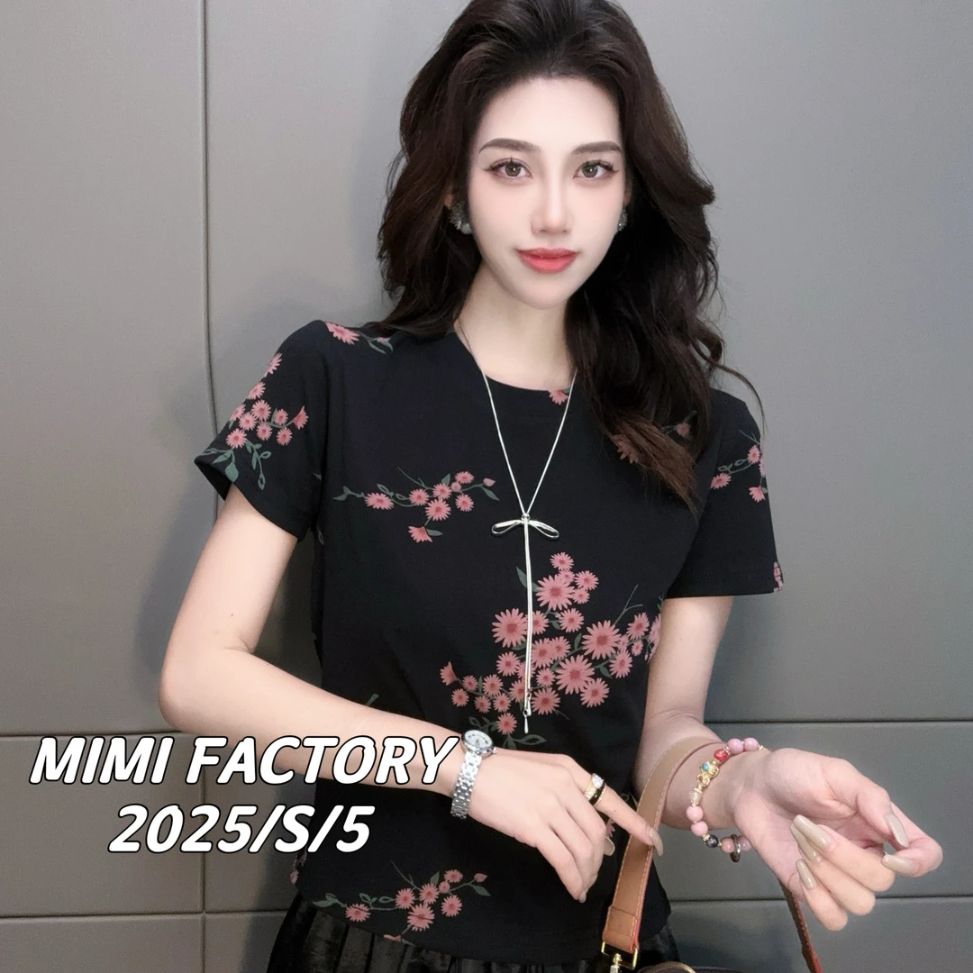 2025夏季新款 欧货满印花朵短袖T恤女修身显瘦时尚百搭5021#