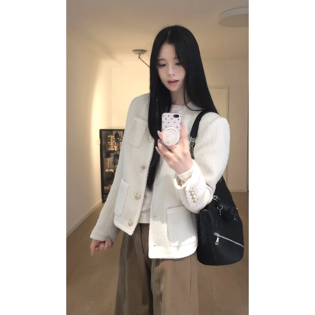 金属扣小香/重工高级感编织粗花呢外套+宽松显瘦拖地长裤  82039