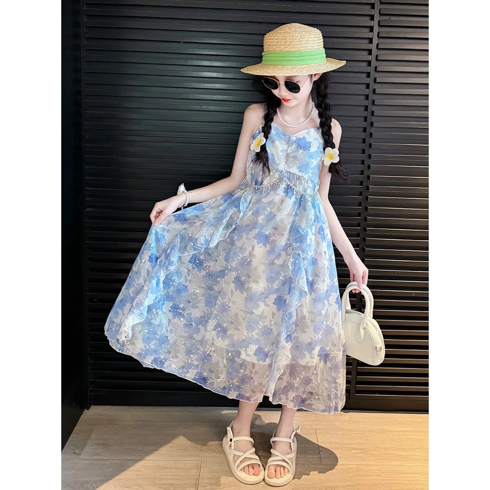 女童连衣裙夏2025新款大童女孩洋气时髦吊带裙女孩夏日碎花公主裙
