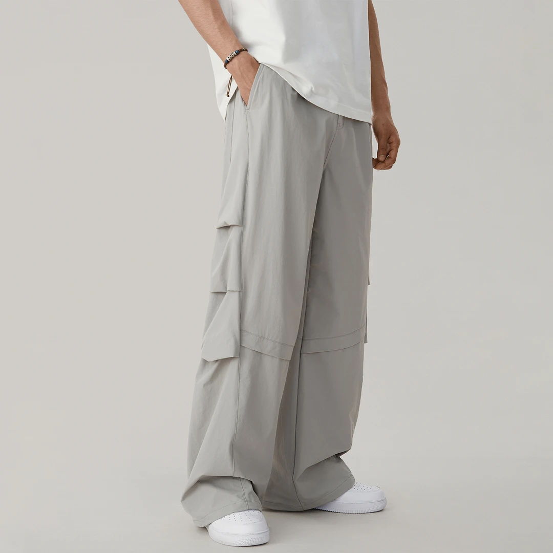 2025夏季冰丝薄款高弹力工装裤设计感男宽松阔腿潮牌直筒休闲裤男