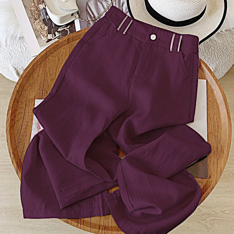 2025人字纹天丝亚麻休闲直筒裤女裤松紧高腰裤子女宽松阔腿裤显瘦