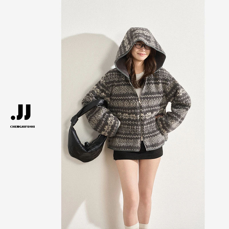 H1563【岛上冰霜】秋冬法式设计小众印花连帽外套宽松经典百搭上衣