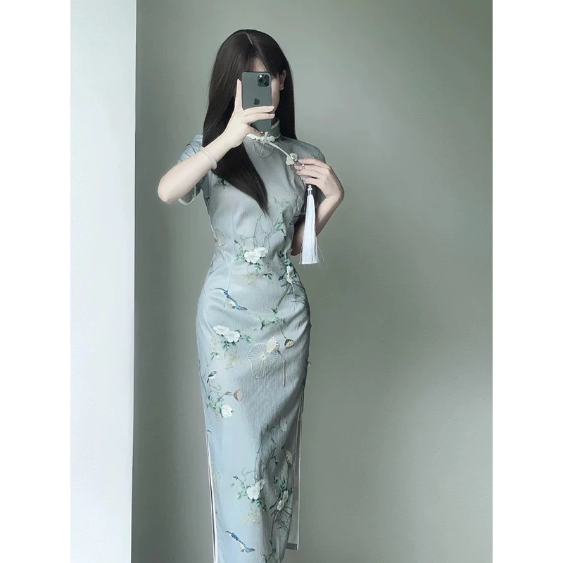 苏州正品旗袍长款优雅荷花复古民国风修身收腰优雅年轻款连衣裙
