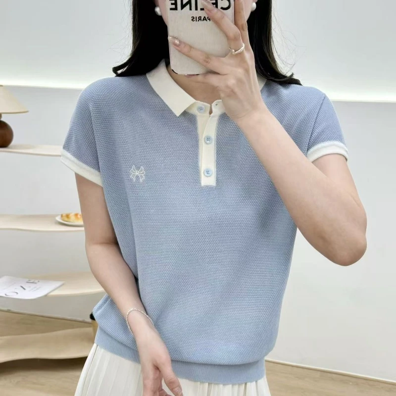 羊范Polo领刺绣蝴蝶天丝莱赛尔短袖女士夏季薄款撞色休闲柔软上衣