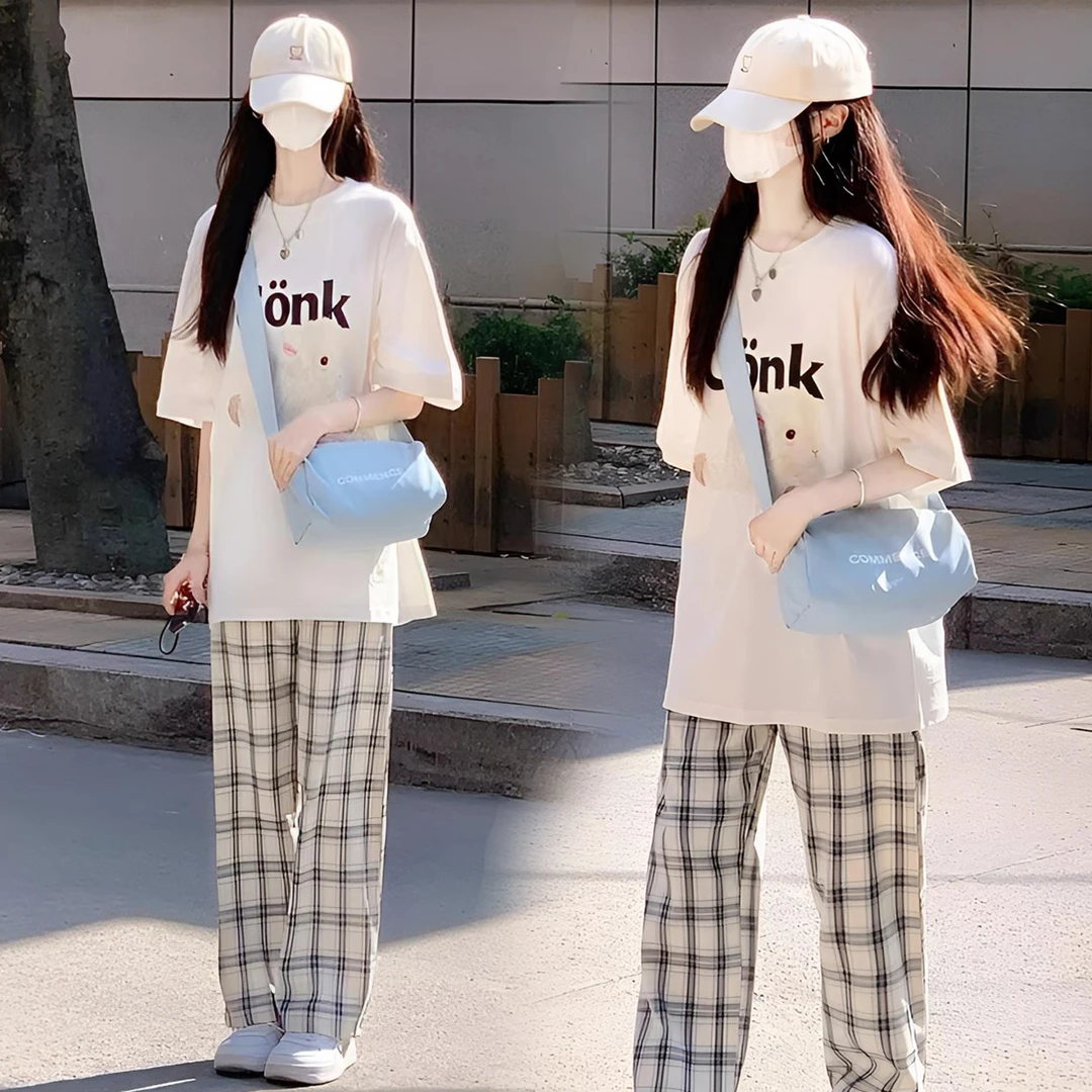 夏季薄款格子阔腿裤休闲两件套装女15-18岁初高中生慵懒风运动服