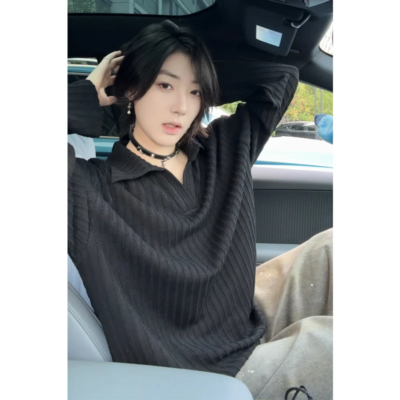 秋季简约百搭肌理感polo领长袖T恤男士打底衫休闲翻领内搭卫衣潮