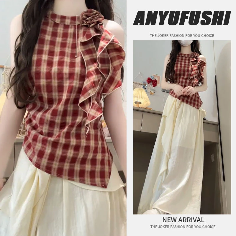 2025夏季新款时尚复古红色格子挂脖上衣不规则百搭半身裙两件套装