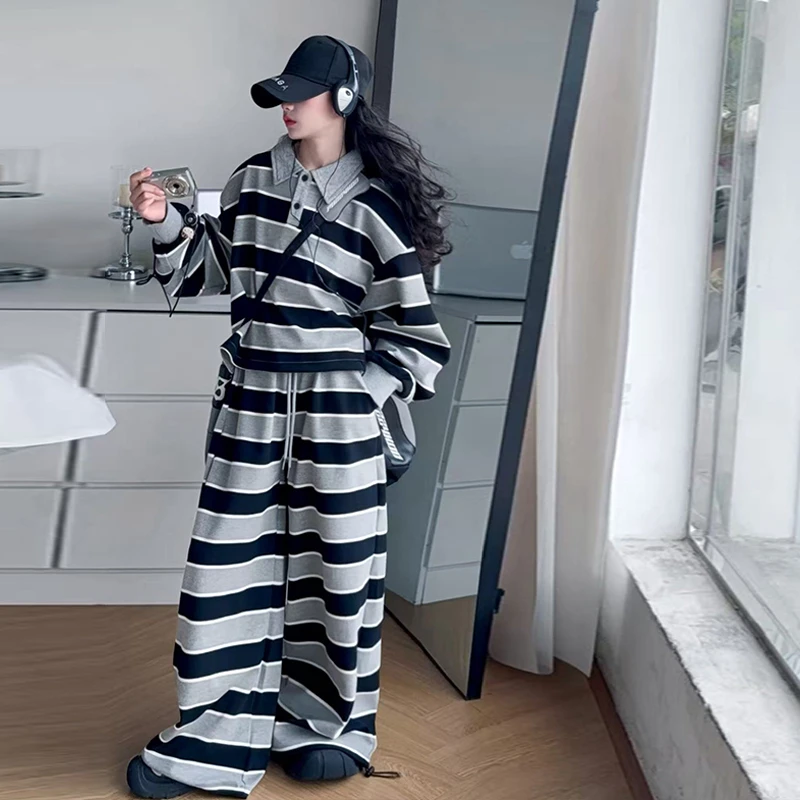 【毛妈潮牌】女童春秋宽松条纹运动套装2025新款大童韩版休闲两件套