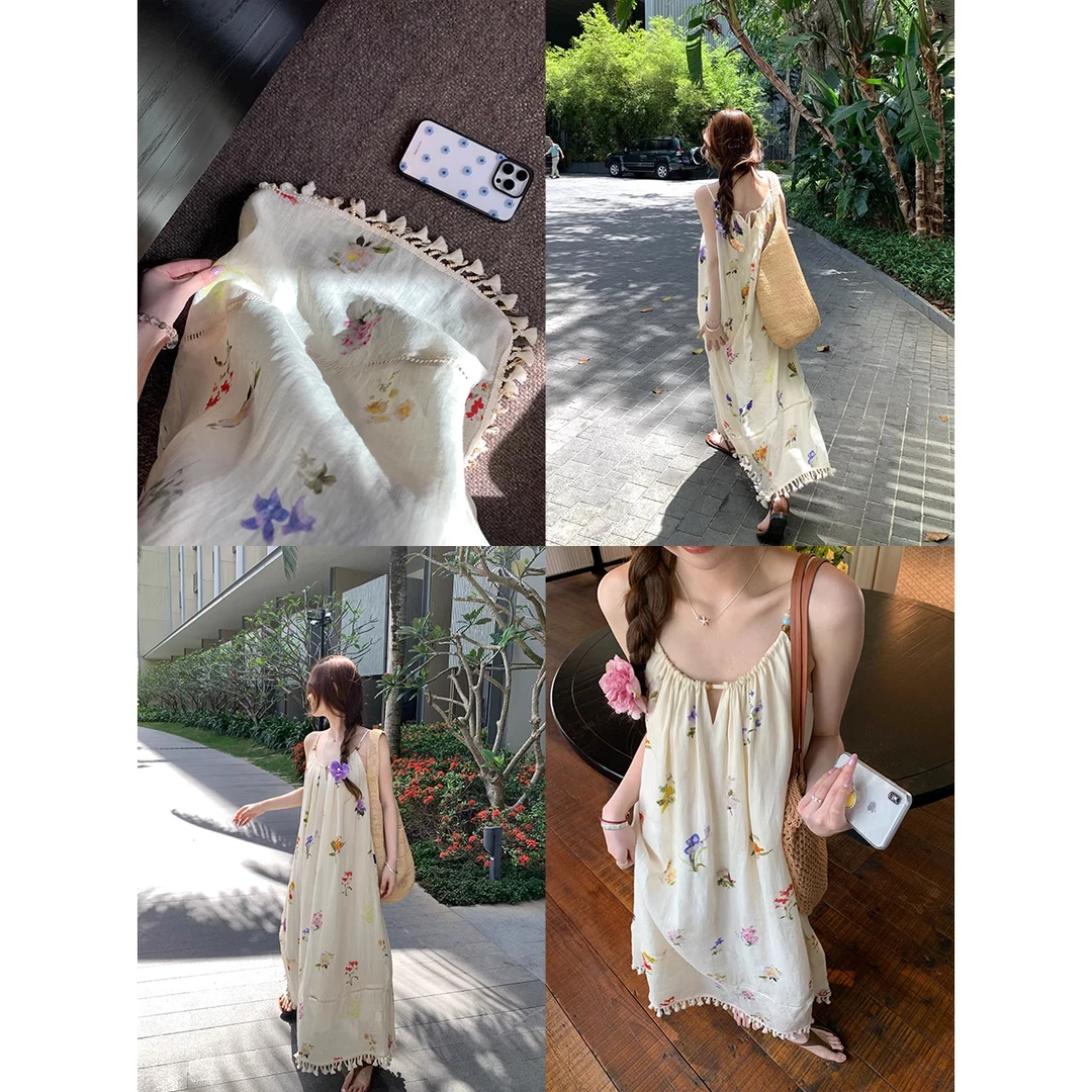 仲夏晚风’贝壳流苏度假风 宽松珠串吊带长裙碎花薄款公主连衣裙
