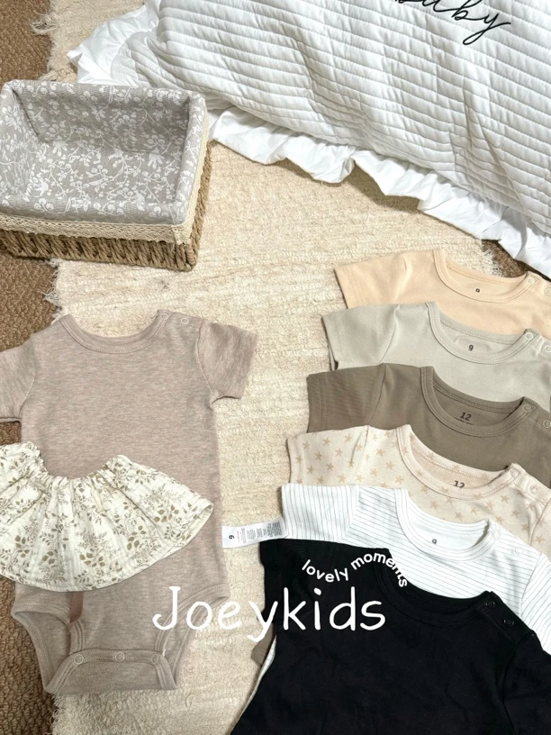 Joeykids✨婴儿夏装宝宝短袖包屁圆领百搭舒适上衣纯色半袖