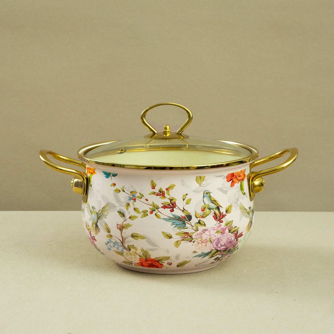 20cm【花鸟】搪瓷珐琅汤锅金边玻璃盖电磁炉明火通用