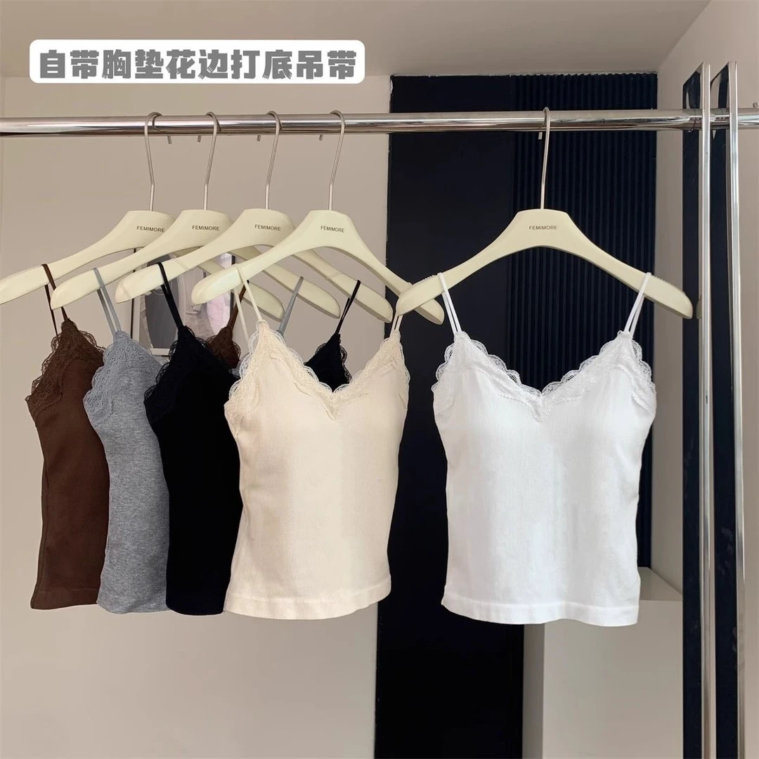 蕾丝花边吊带背心性感美背甜美可外穿打底带胸垫上衣