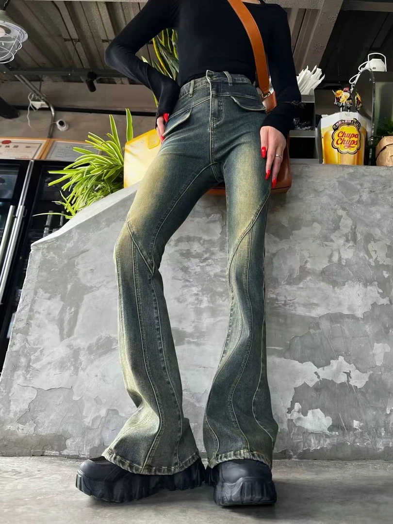 A17-3蓝色“裤腿线条”前口袋牛仔裤（9023）