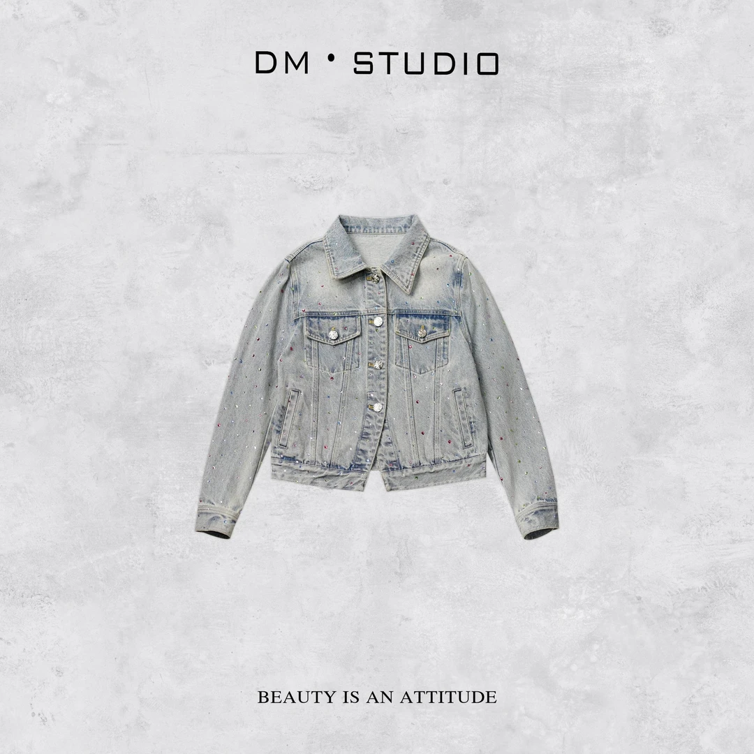 -DM•STUDIO/小众复古气质重工彩色钉钻翻领牛仔外套（250325）