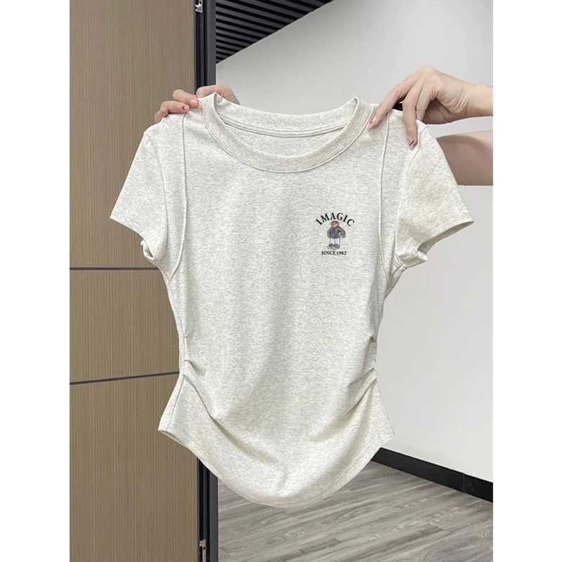 褶皱设计感正肩短袖t恤女夏季新款纯棉收腰弧形下摆修身灰色上衣