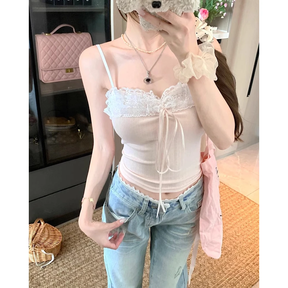 蕾丝拼接系带吊带背心女夏季修身美背外穿设计感辣妹白色内搭上衣