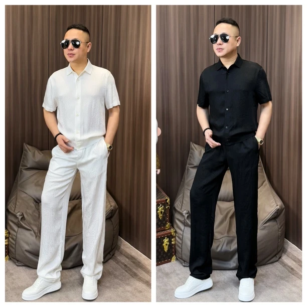 孙先生｜100%醋酸纤维男款半袖褶皱肌理翻领紧边衬衫款休套装2591