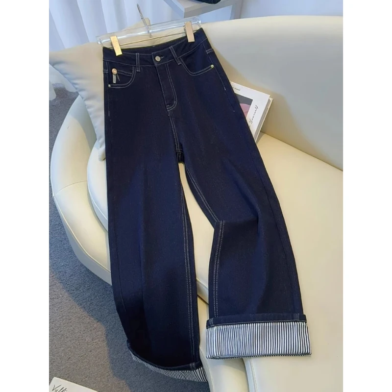 美式复古丹宁蓝翻边九分牛仔裤女冬季2025新款卷边窄版直筒阔腿裤