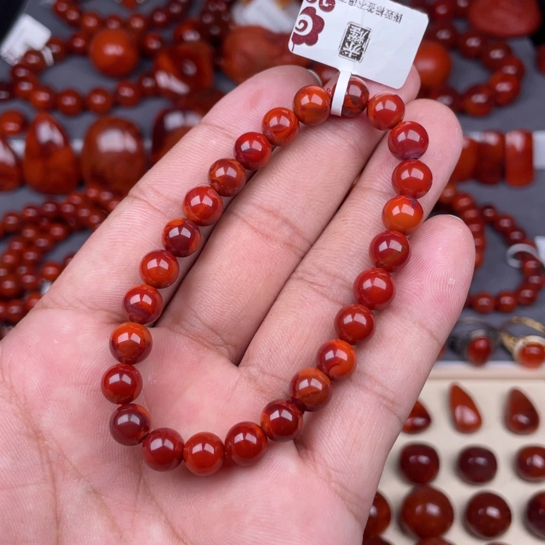 南红玛瑙未镶嵌瓦西南红牛血圆珠手串7mm+