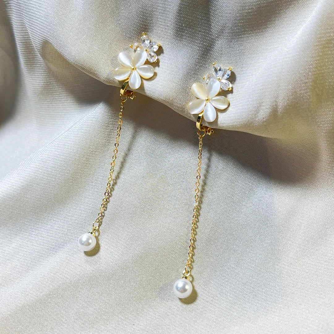 铜合金耳饰轻奢流苏长款花朵无耳洞耳夹喵喵石甜美搭裙子精致