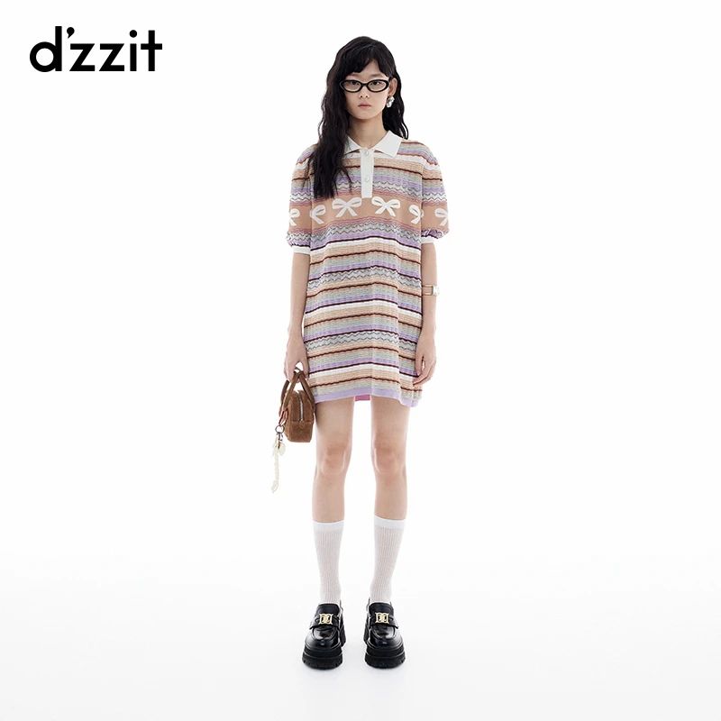 【商场同款新品】dzzit地素短袖连衣裙25夏彩条Polo领针织裙3J2E611