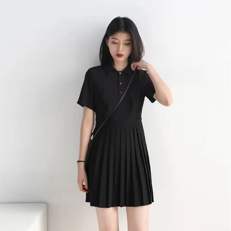 清仓】学院风百褶裙小翻领POLO连衣裙夏新款收腰显瘦短款小个子小