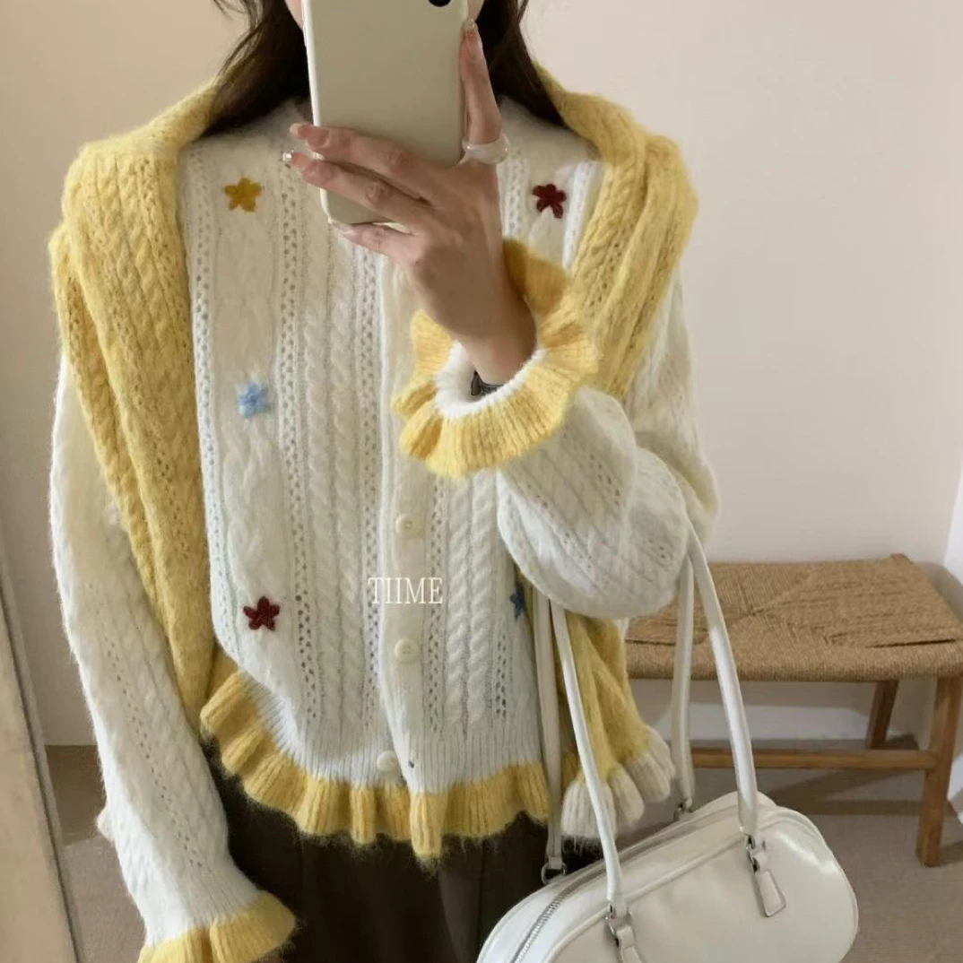 花朵上衣甜美清新可爱毛针织衫圆领宽松针织衫百搭