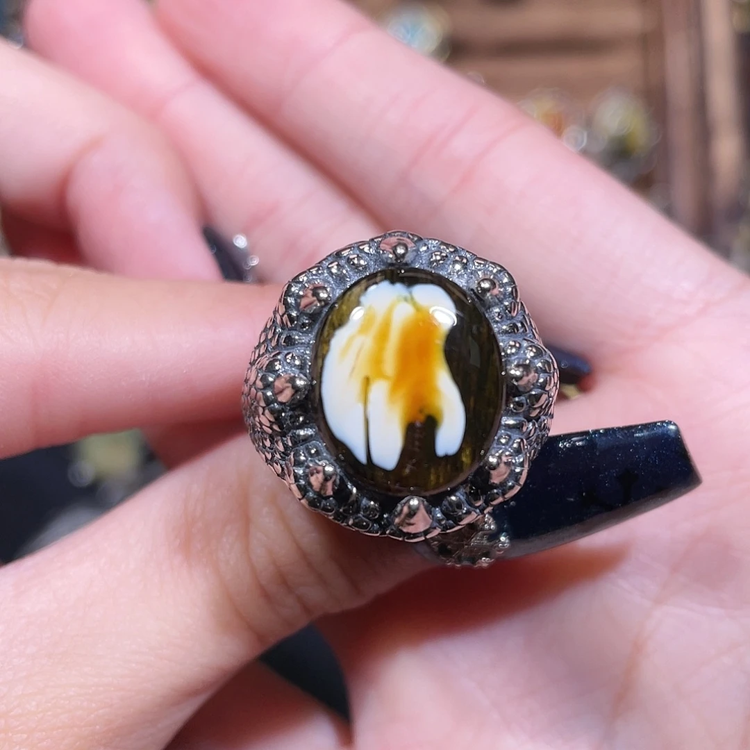嘎***琥珀银S925镶嵌戒指