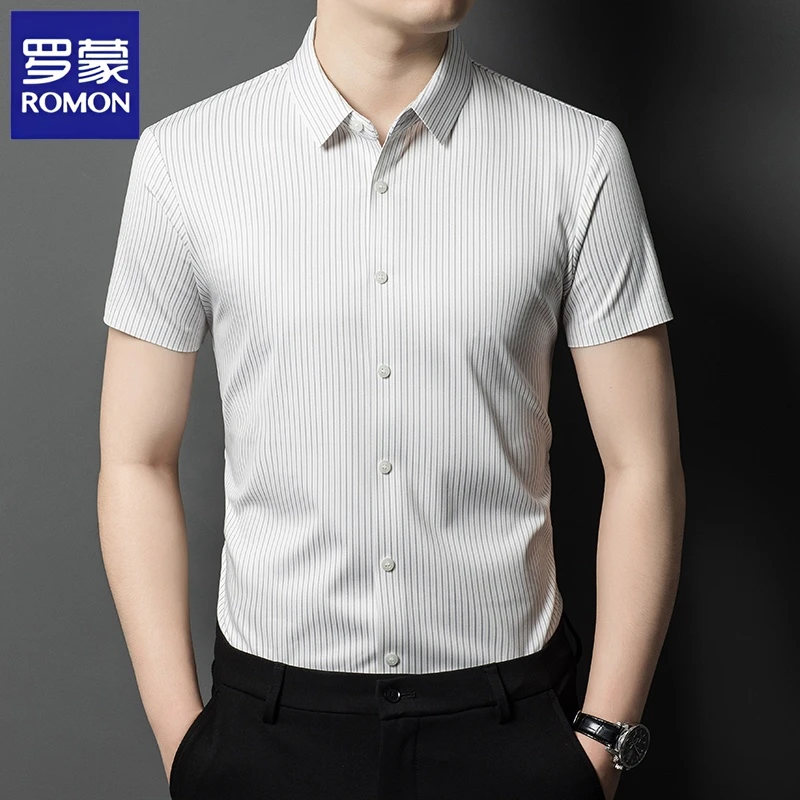 罗蒙桑蚕丝短袖衬衫男士夏季薄款条纹半袖上衣休闲商务无痕衬衣男