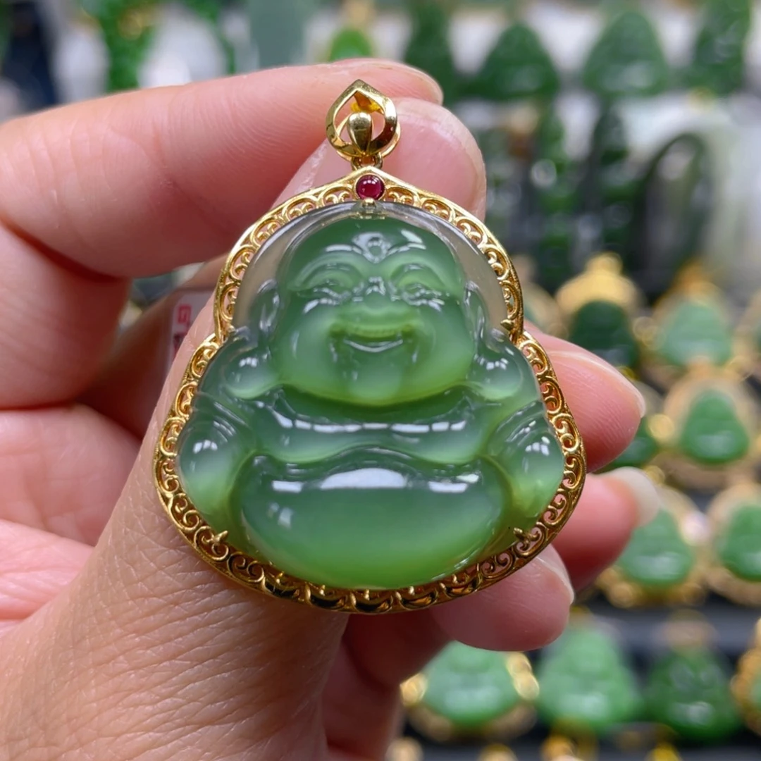 和田玉（碧玉）吊坠(不含链)18K金镶嵌