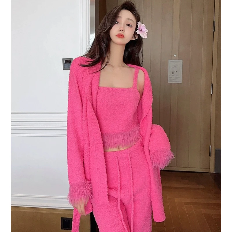 莫里伊【粉色仿貂绒三件套】小众时尚潮牌设计可外穿保暖睡衣家居服