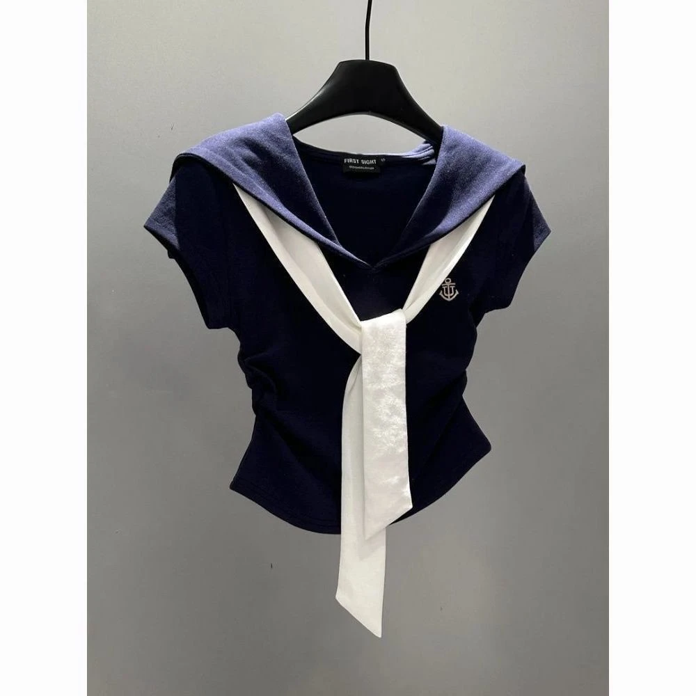 韩系学院风时尚撞色海军领短袖T恤女2025夏季新款修身显瘦上衣ins