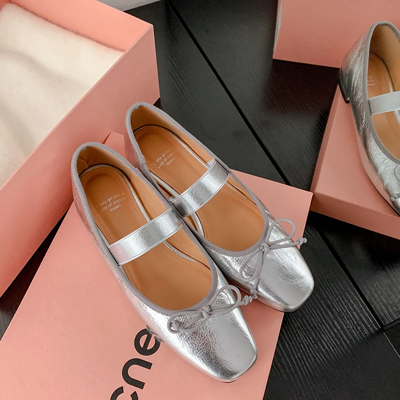 银色浅口真皮芭蕾舞鞋玛丽珍女鞋蝴蝶结甜美芭蕾风女鞋低跟