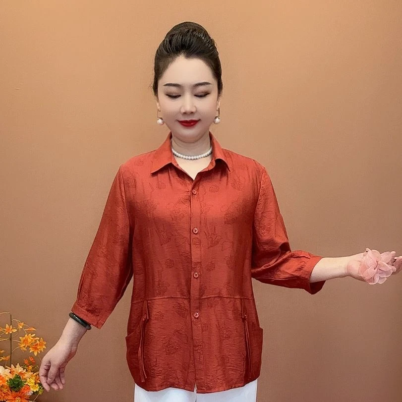夏季中老年新款妈妈上衣洋气时尚宽松衬衣休闲七分衬衫小衫