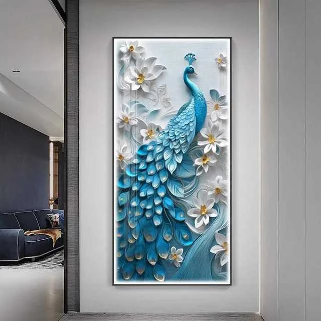致韬吉祥孔雀玄关装饰画大气现代客厅竖版风墙画简约过道走廊尽头