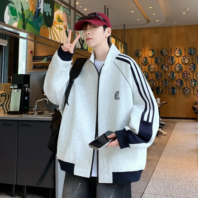 秋季穿搭新款青少年拼接条纹立领外套韩版时尚百搭有型男生夹克