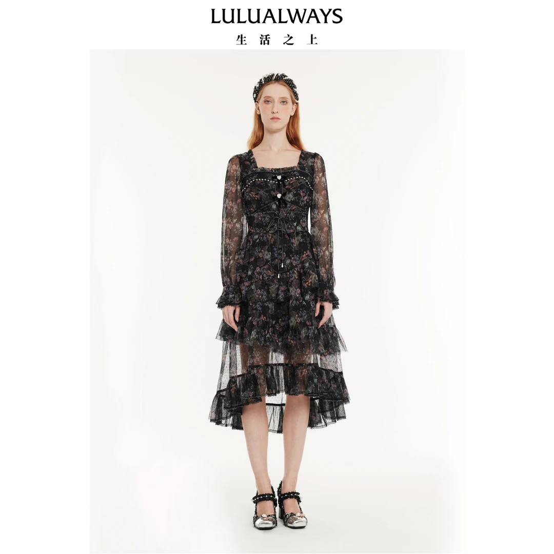 LULUALWAYS 24秋季新款复古氛围感绑带高腰雪纺印花连衣裙OPC5026