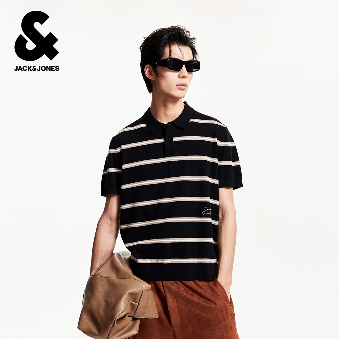 杰克琼斯夏季翻领时尚潮流条纹设计底摆字母刺绣款polo衫男装