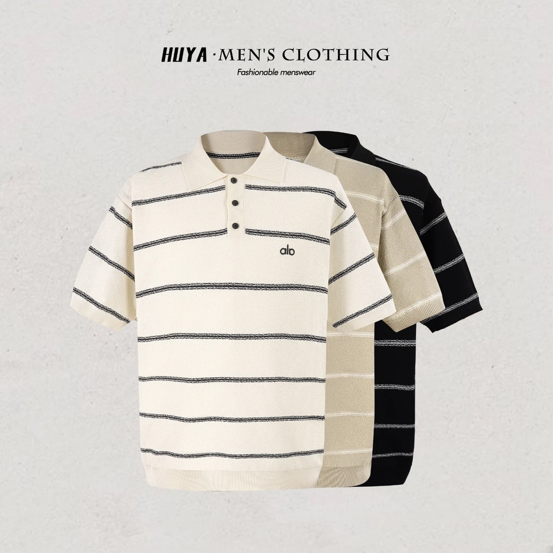 虎牙兄弟秋季条纹字母百搭短袖圆领休闲舒适翻领POLO衫男M7022