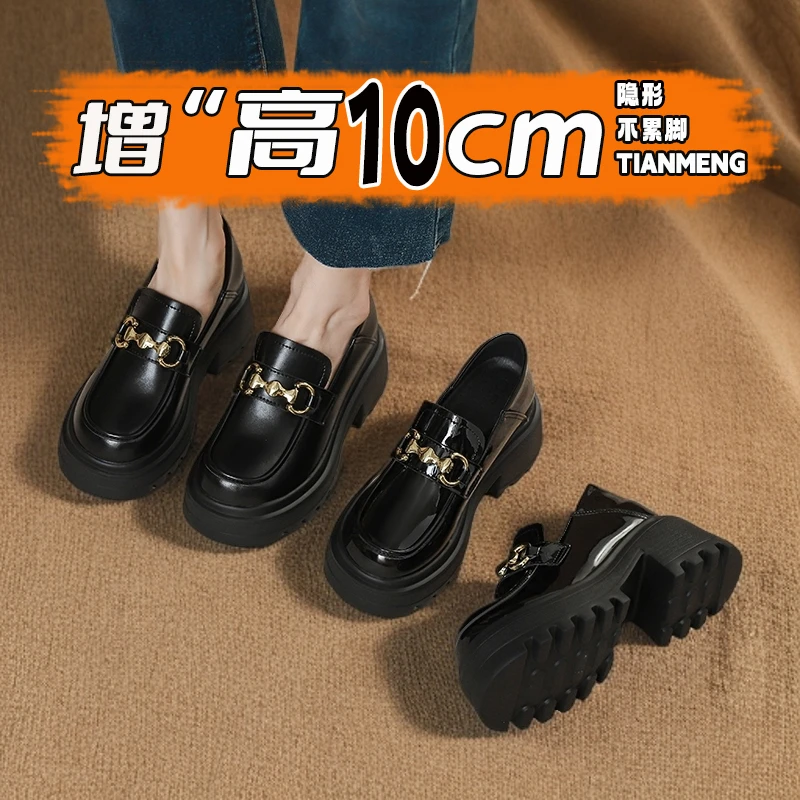 隐形内增高10CM深口皮鞋高跟学院风春秋圆头英伦风乐福鞋亮面单鞋