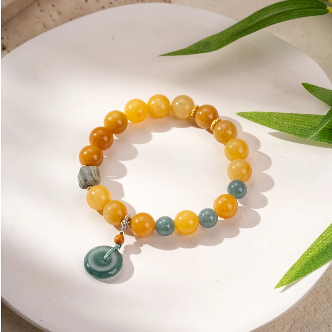 天然金丝玉配翡翠平安扣手链-103