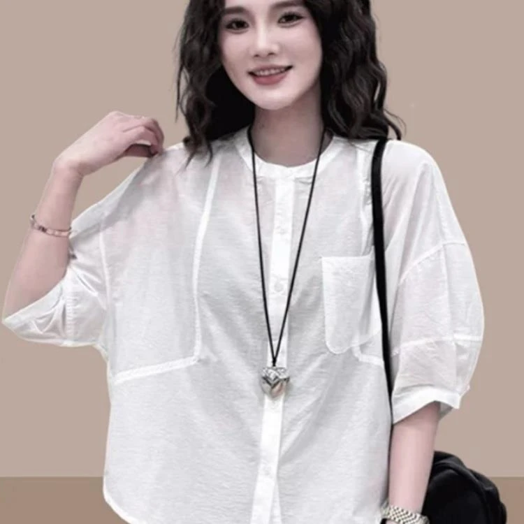 LOzP轻薄透气圆领七分袖衬衫女2025夏季新款宽松休闲通勤开衫短上