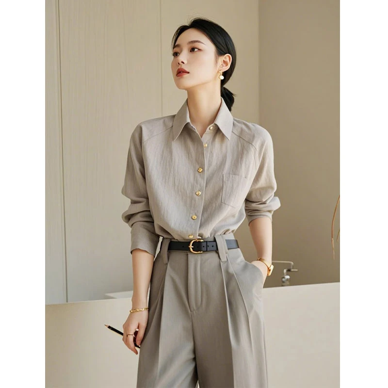 早春穿搭2025新款干练气质冷淡系高级感灰色长袖薄衬衫裤子两件套