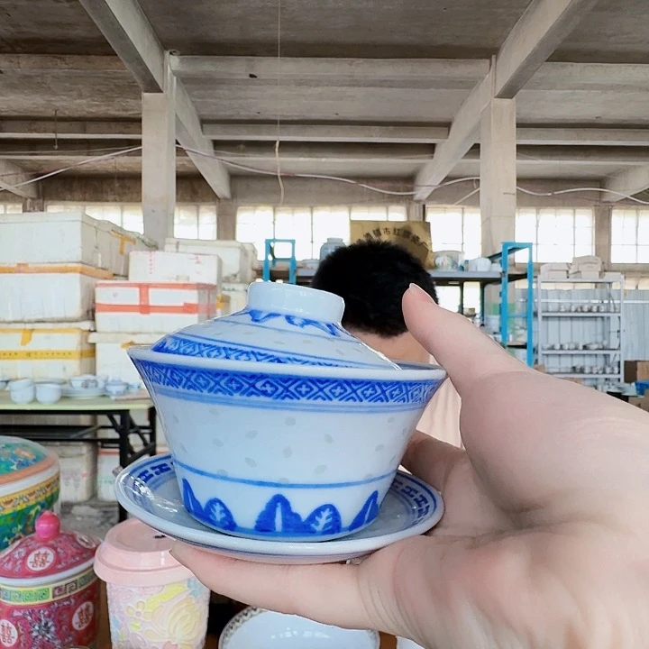 景德镇高温陶瓷青花玲珑三才盖碗
