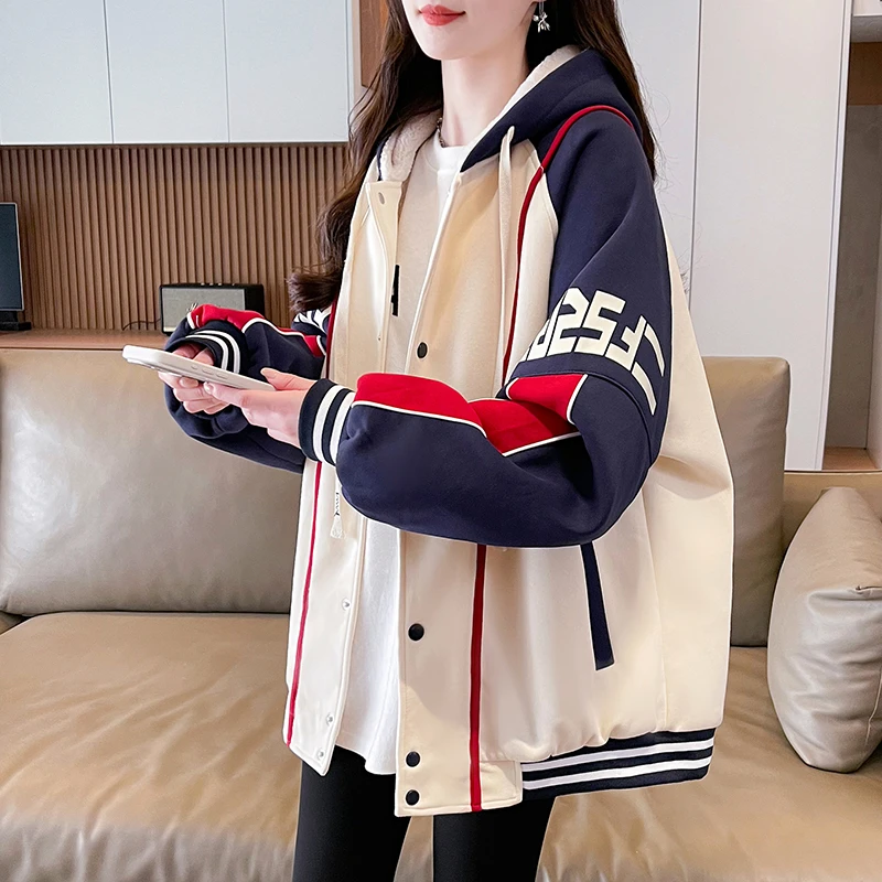 羊羔毛加厚棒球服外套女秋冬季新款初高中学生大童加绒青少年棉服