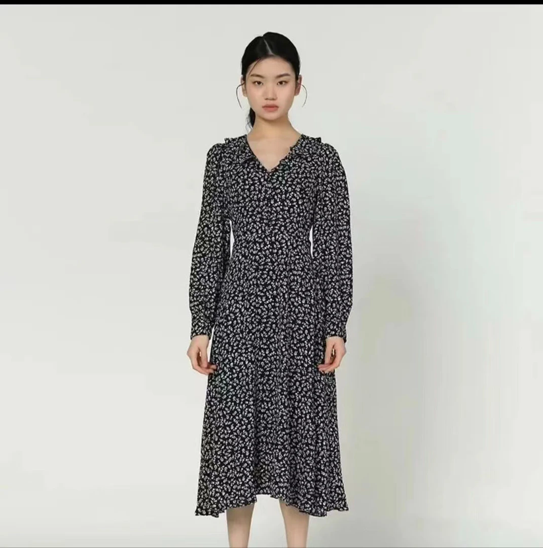 法式气质休闲长袖碎花连衣裙女春夏高级感收腰显瘦复古长裙子A2-7